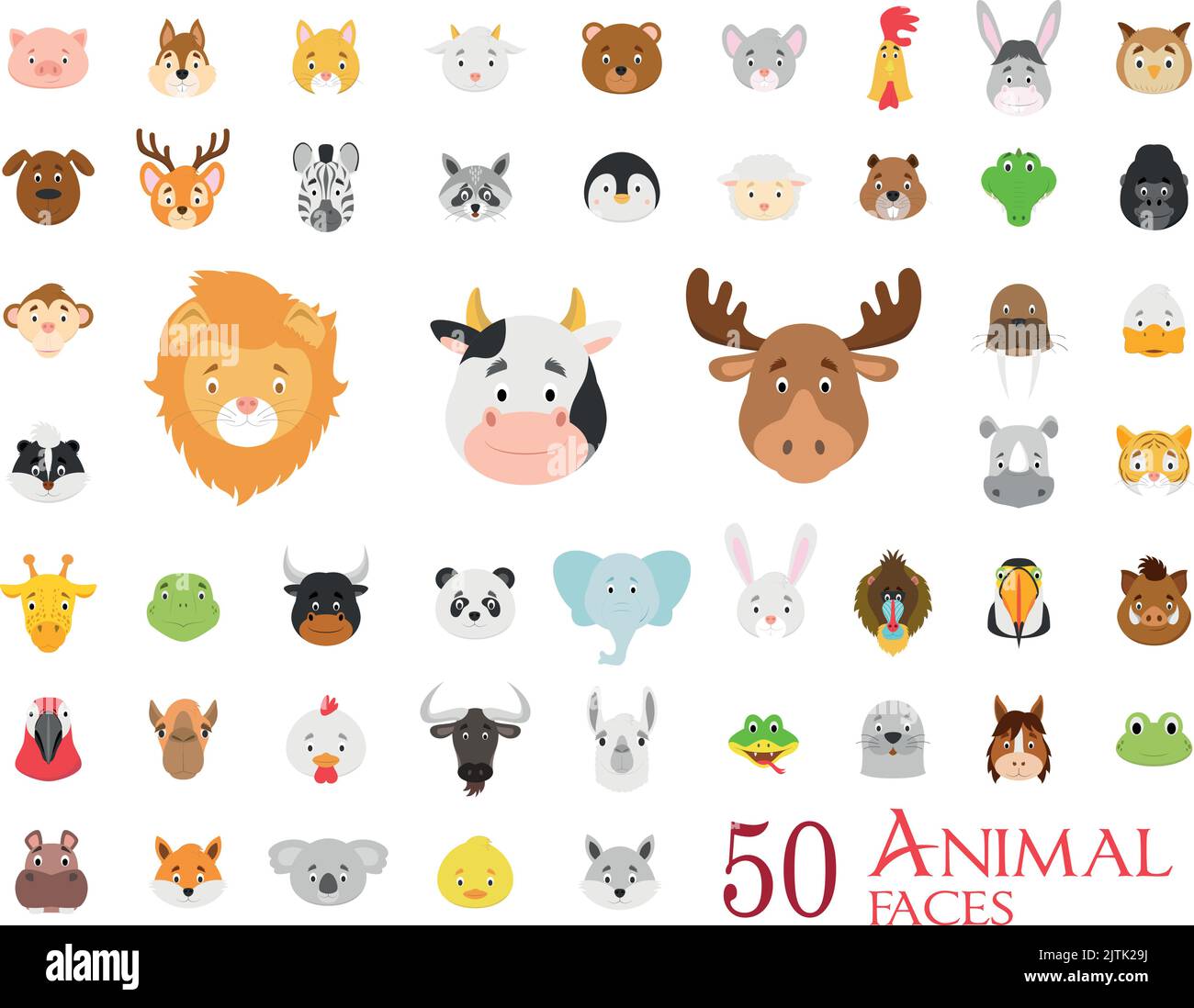 Set di 50 facce di animali in stile cartoon Illustrazione Vettoriale
