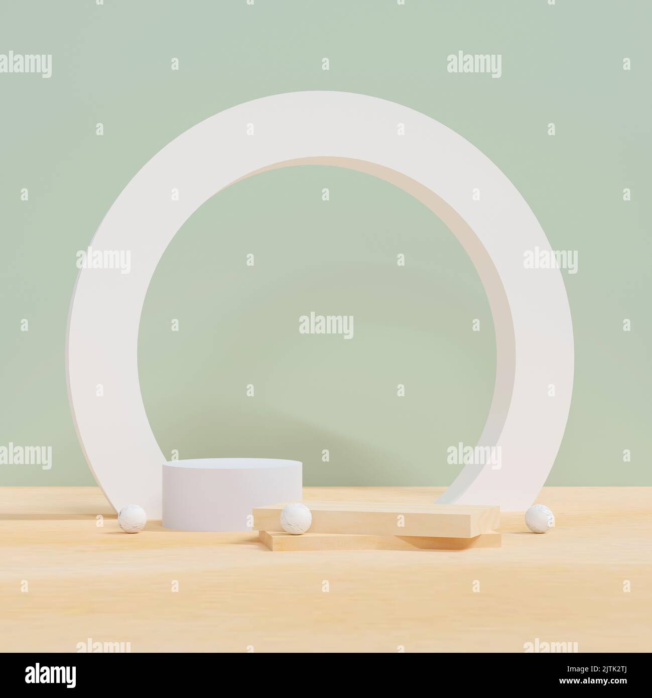 concetto cosmetico e alimentare. scena minimale con forme geometriche. display a podio cilindrico e pallina o mockup argento per prodotti in colori pastello backgrou Foto Stock