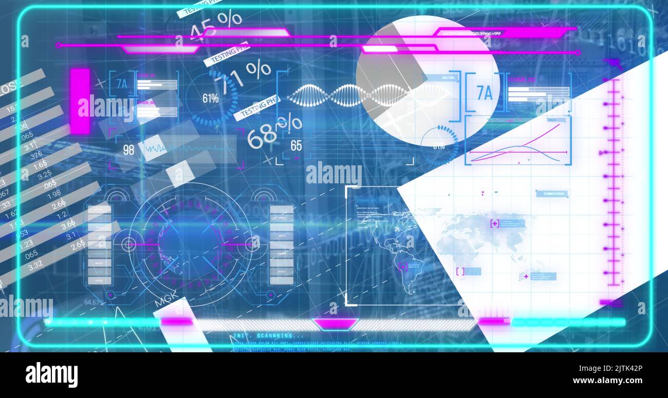 Immagine di grafici in movimento, elica del dna, mappe e dati di programmazione su interfaccia infografica grafica Foto Stock