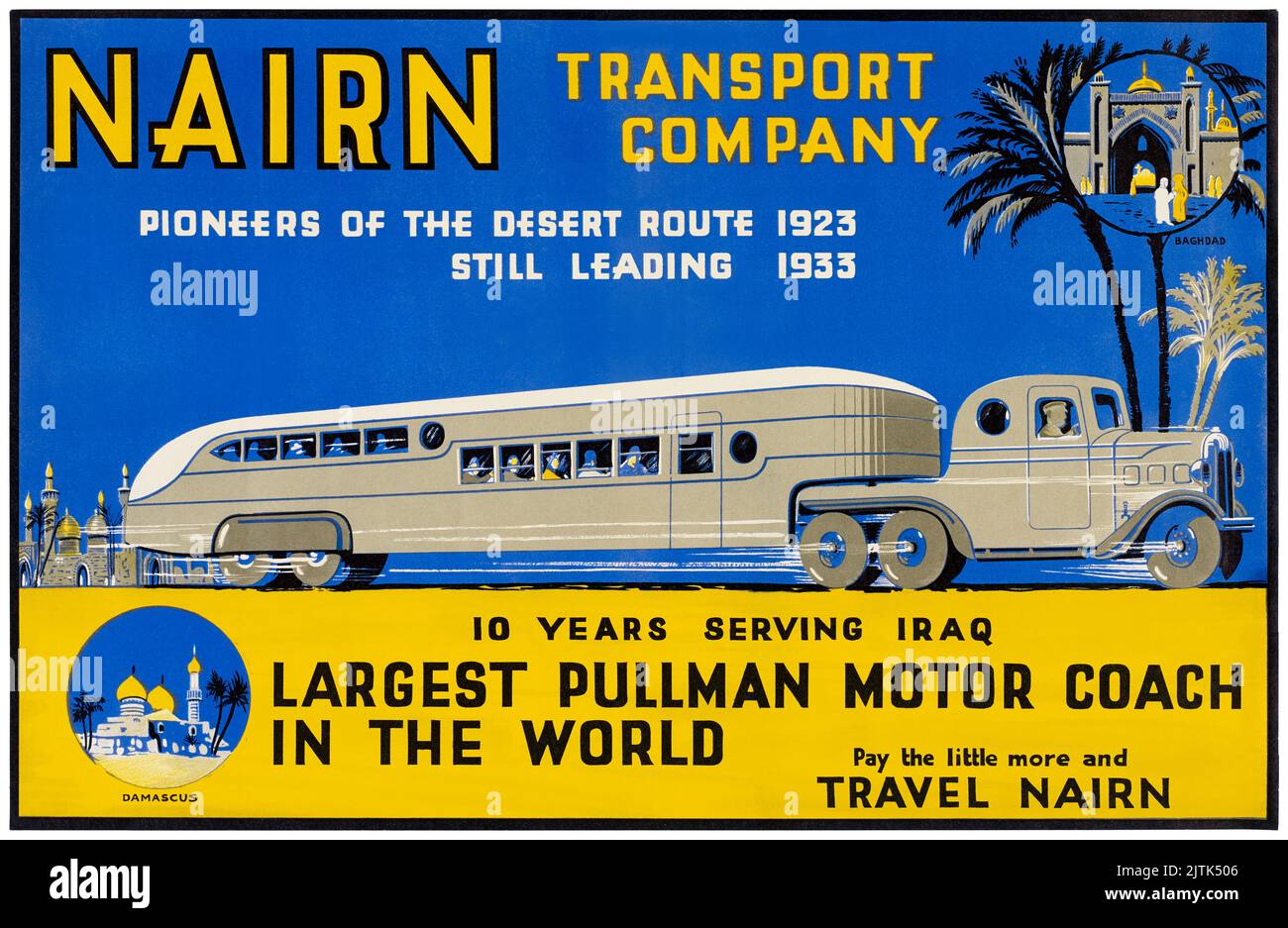 NAIRN. Azienda di trasporto. Il pullman Pullman più grande del mondo. Artista sconosciuto. Poster pubblicato nel 1933 in Iraq. Foto Stock