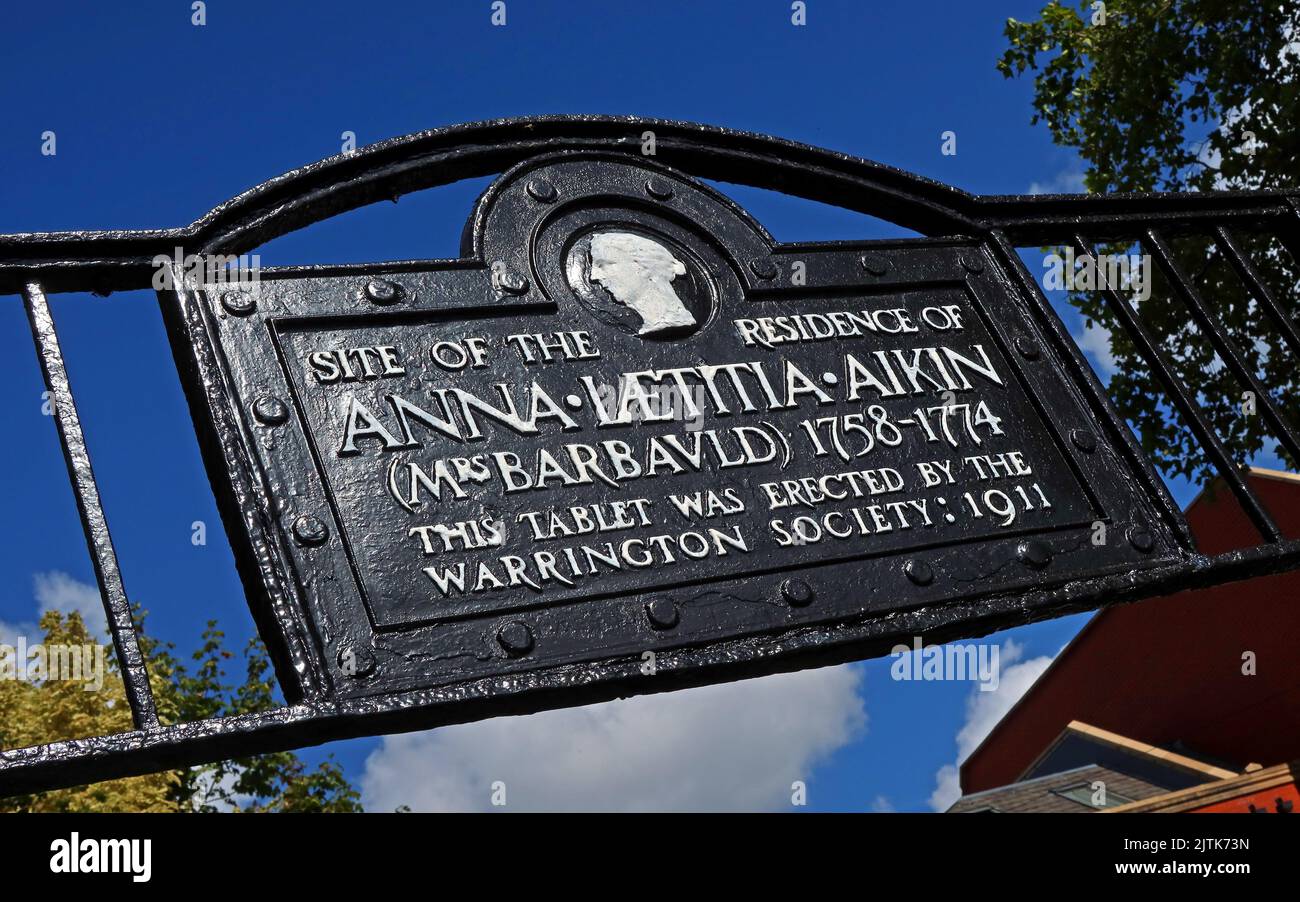Sito della residenza Anna Laetitia Barbauld, a Warrington, Cheshire, Inghilterra, Regno Unito - 1758-1774 Foto Stock