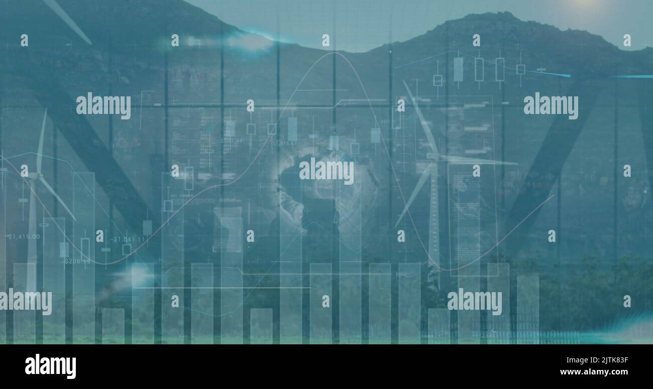 Immagine dell'elaborazione di dati statistici sui mulini a vento che filano sulle praterie Foto Stock