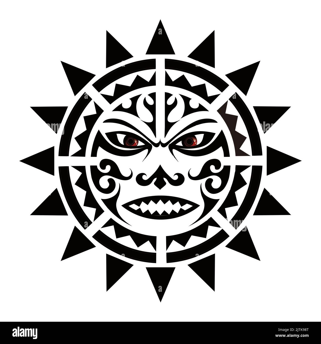 Un'illustrazione di un disegno tribale nero di Maori dagli occhi scricchiolanti isolato su uno sfondo bianco Foto Stock