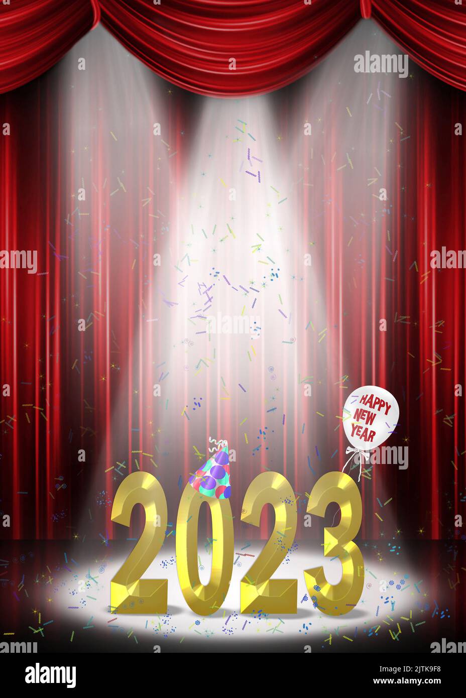 Gold 2023 nuovo anno sul palco con coriandoli e riflettori puntati Foto Stock