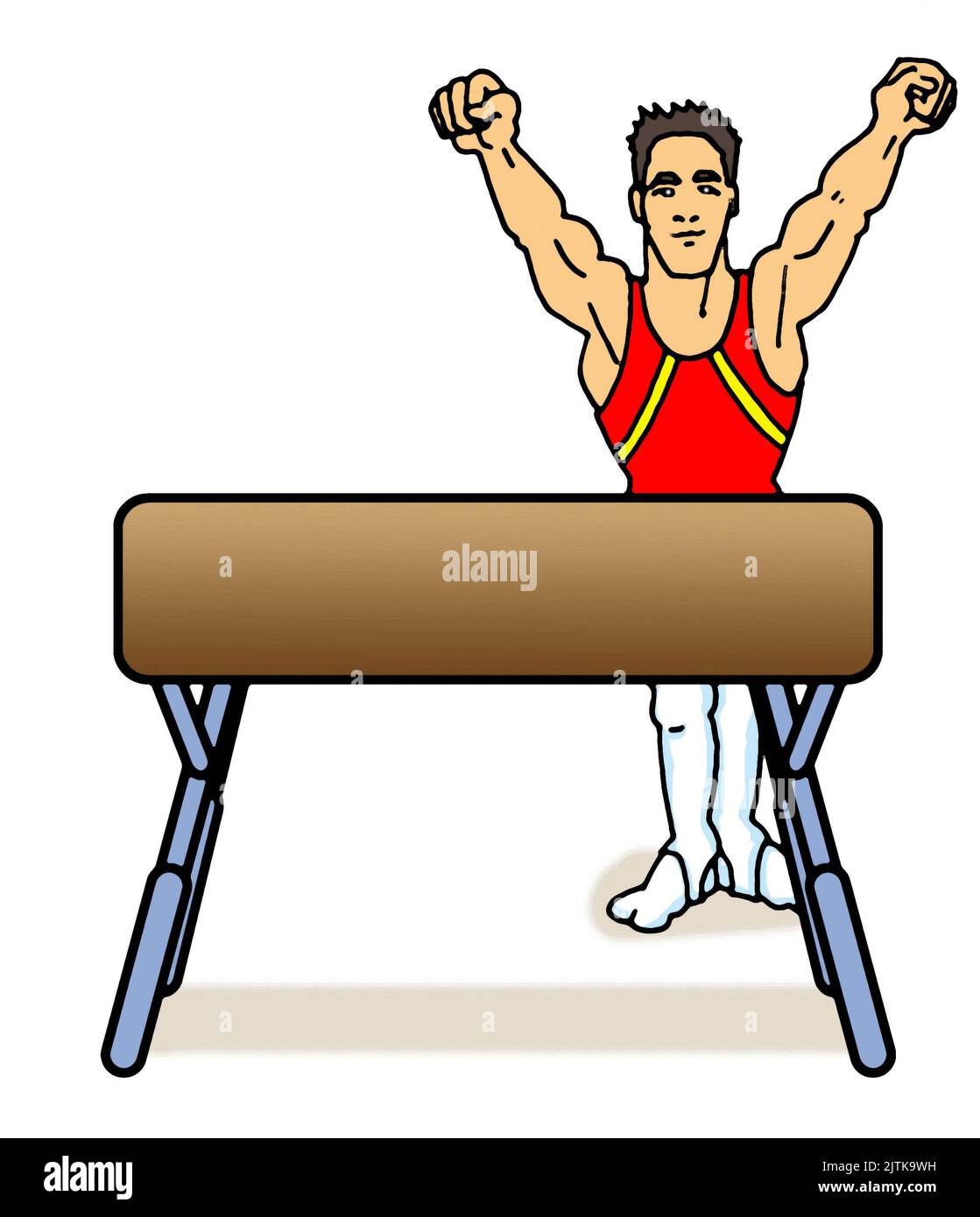 Serie d'arte / illustrazioni che mostrano atleta maschile che svolge uno degli eventi olimpici maschili di ginnastica. Qui si prepara a montare il cavallo pomo Foto Stock