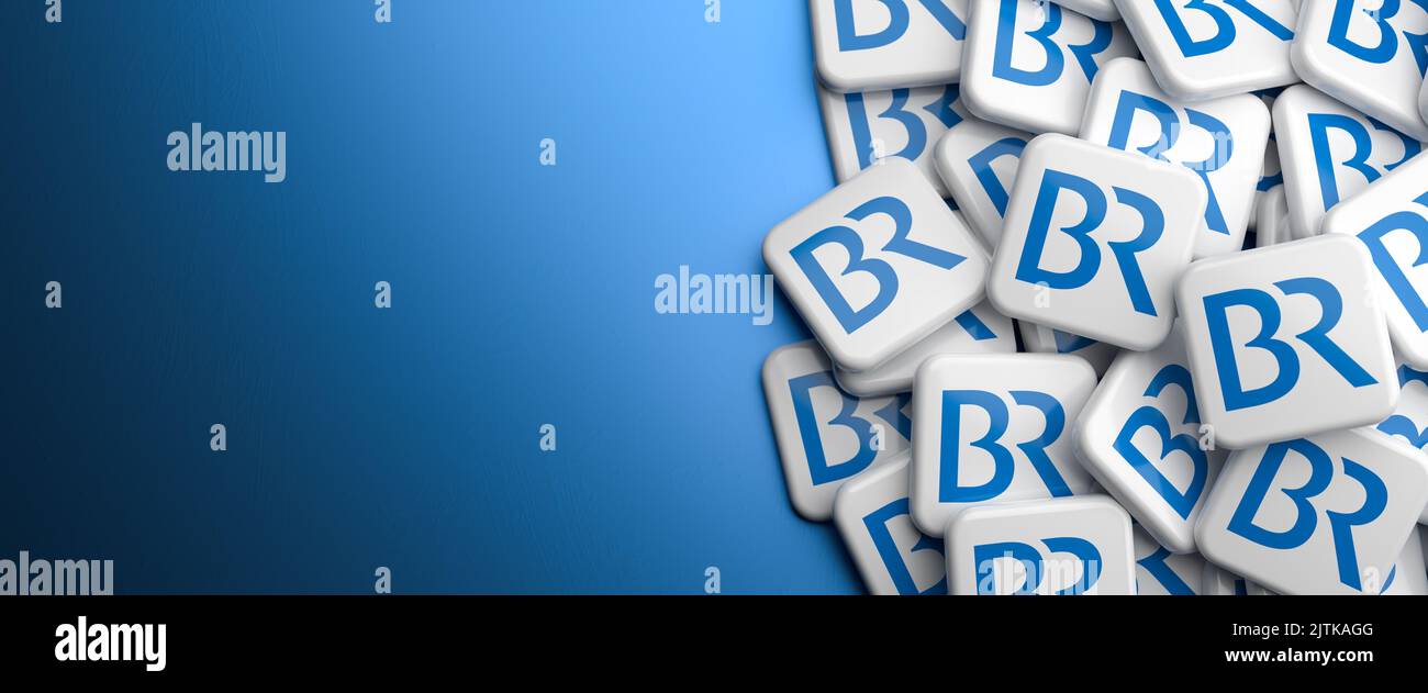 Logo della emittente nazionale tedesca 'Bayerischer Rundfunk' BR (Bavarian Broadcasting) per il libero stato tedesco della Baviera in un mucchio. Banner Web Foto Stock