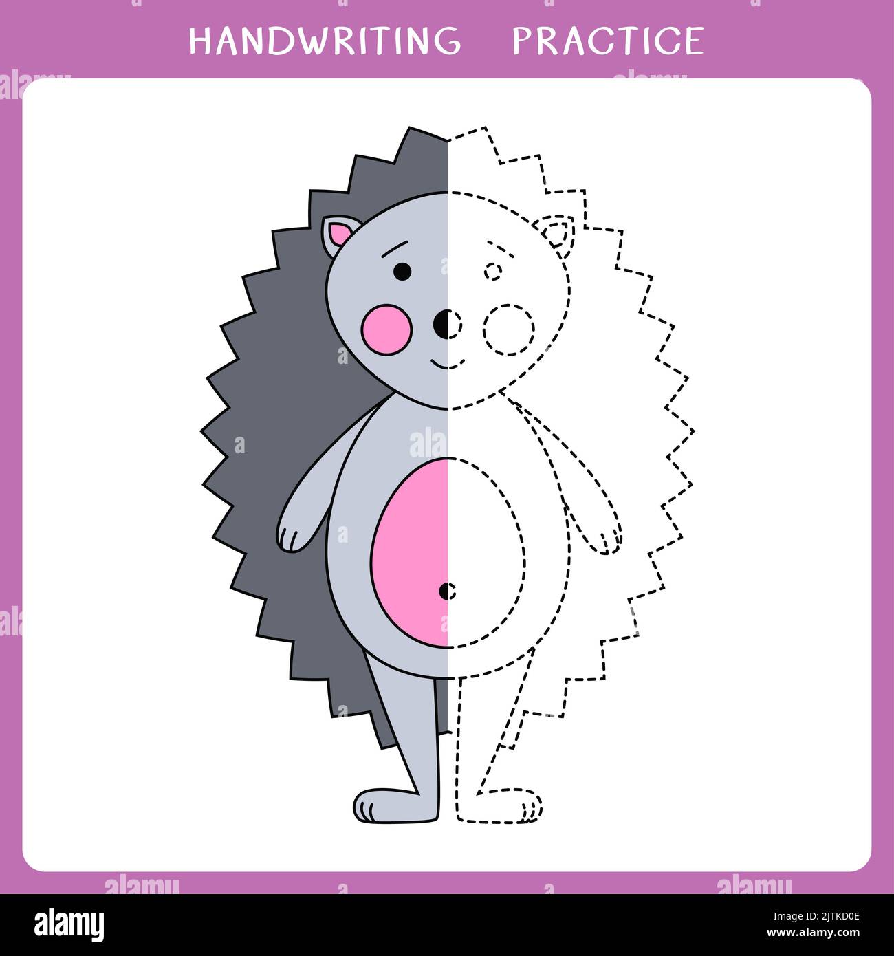 Foglio di pratica di scrittura a mano con hedgehog carino per libro da colorare Foto Stock