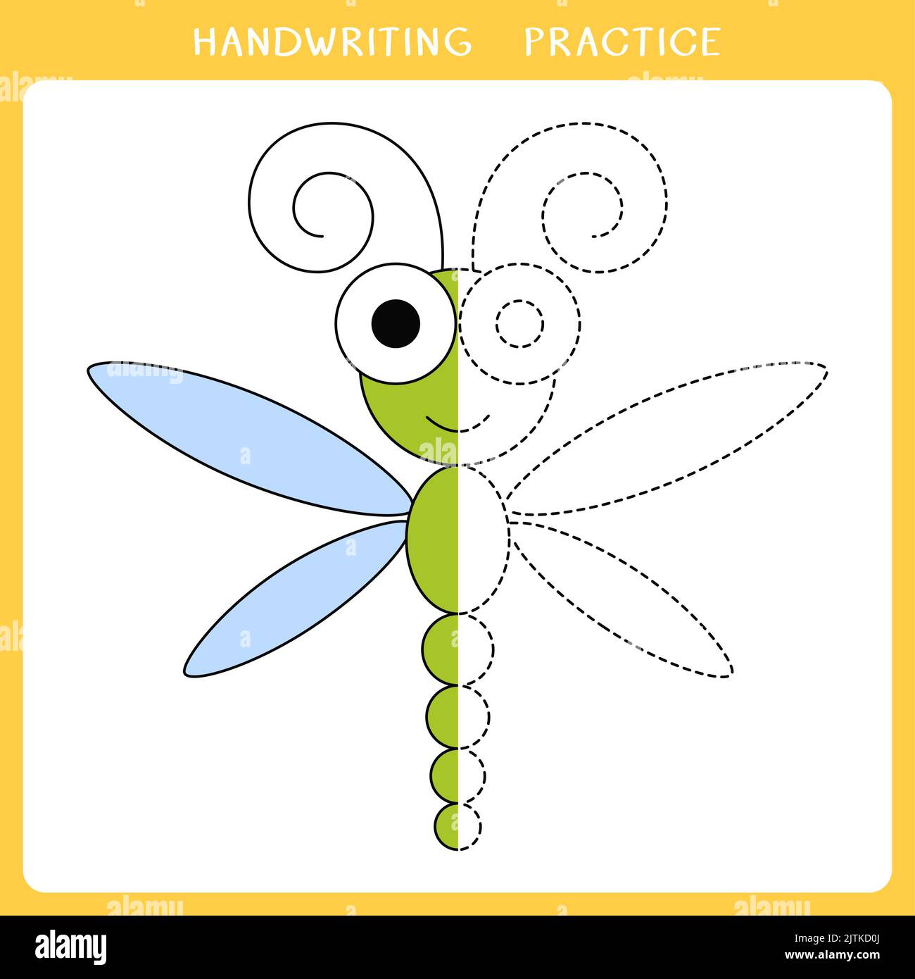 Foglio di pratica di scrittura a mano con libellula carina per il libro da colorare Foto Stock