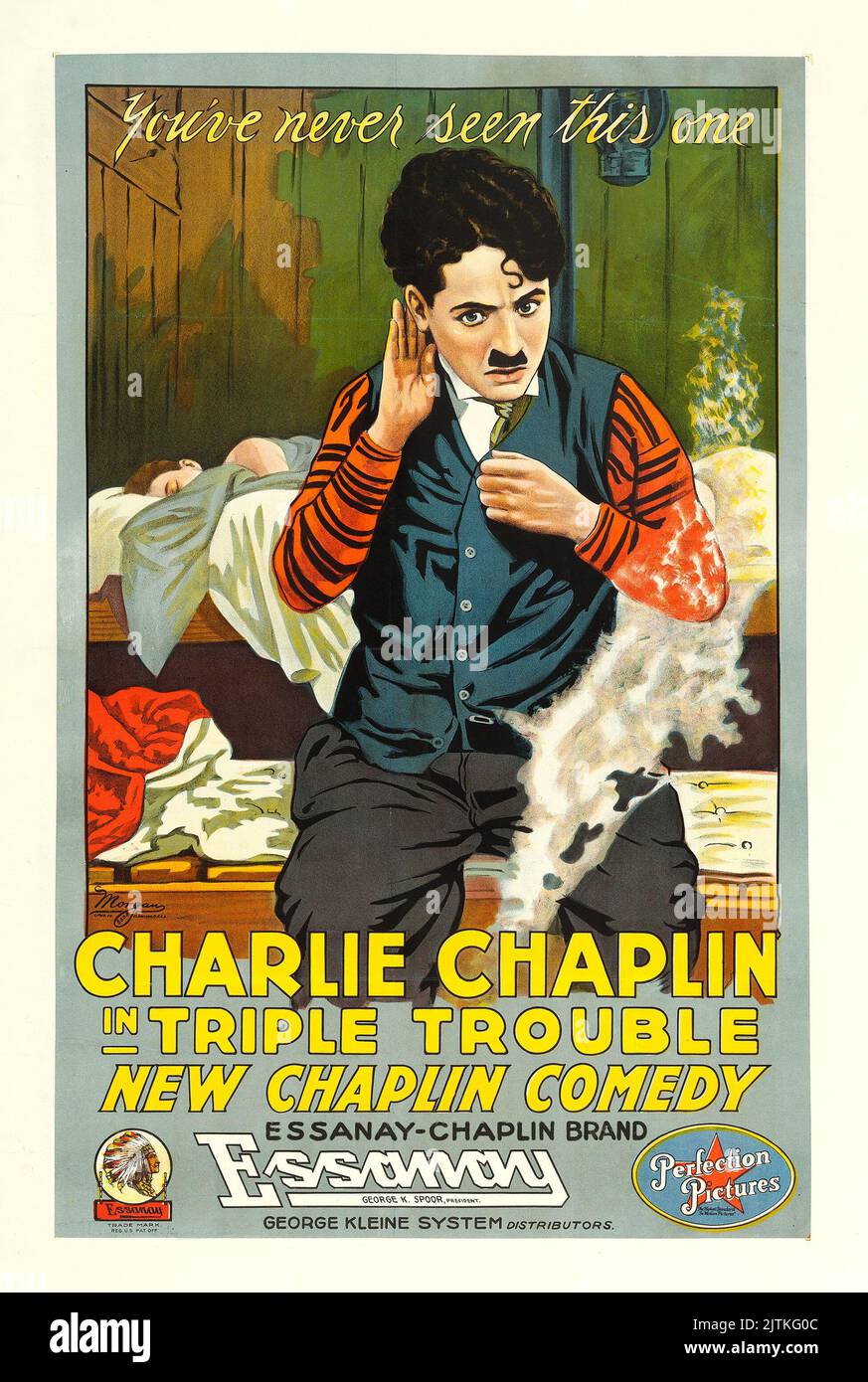 Charlie Chaplin, poster del film d'epoca - Triple Trouble (Essanay, 1918). Un foglio Foto Stock