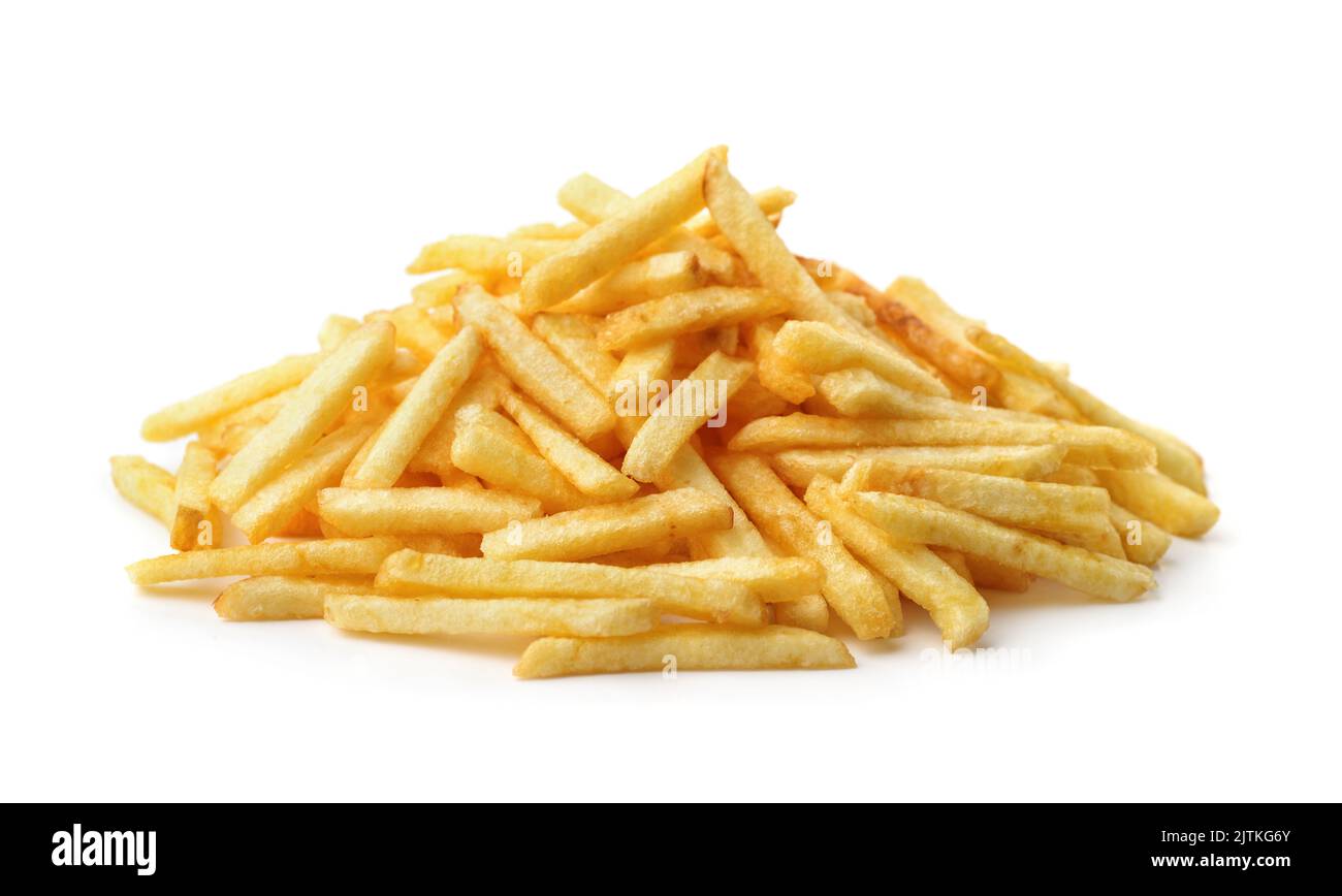 Mucchio di patatine fritte dorate isolate su bianco Foto Stock