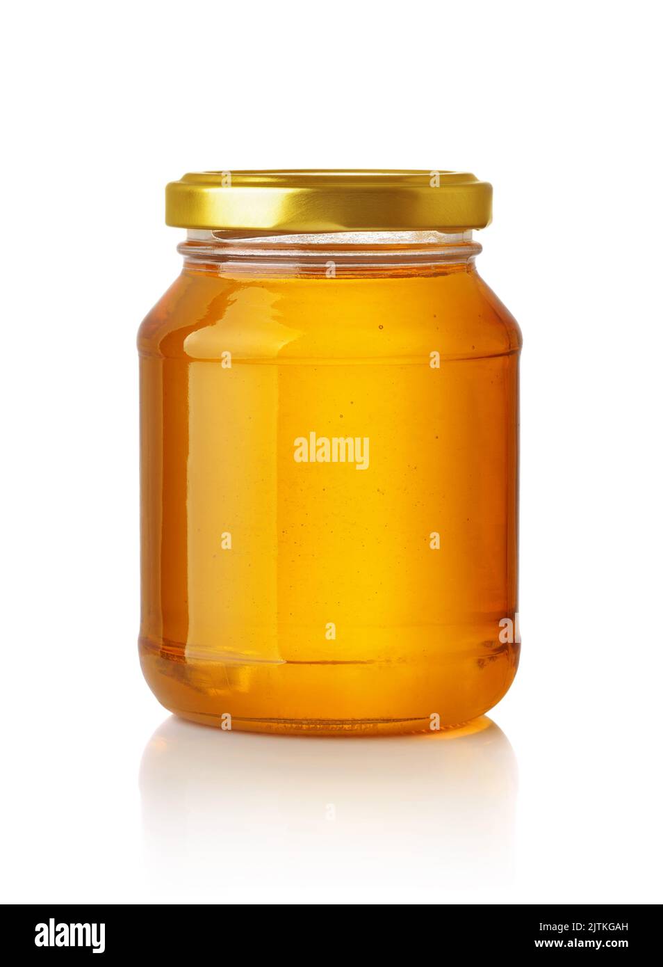 Vista frontale del vaso di vetro di miele isolato su bianco Foto Stock