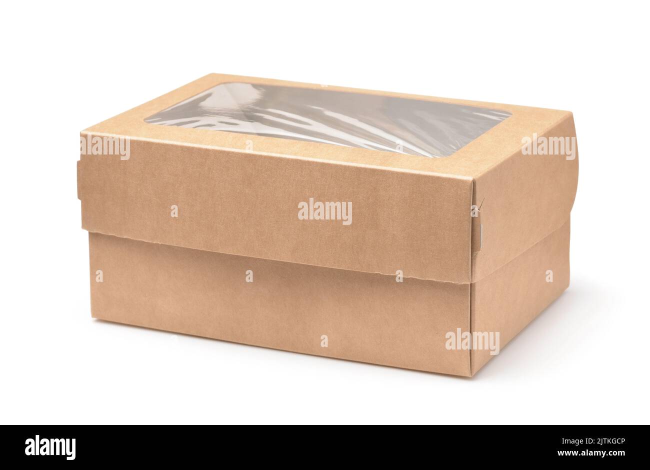 Scatola di carta marrone vuota con finestra trasparente isolata su bianco Foto Stock