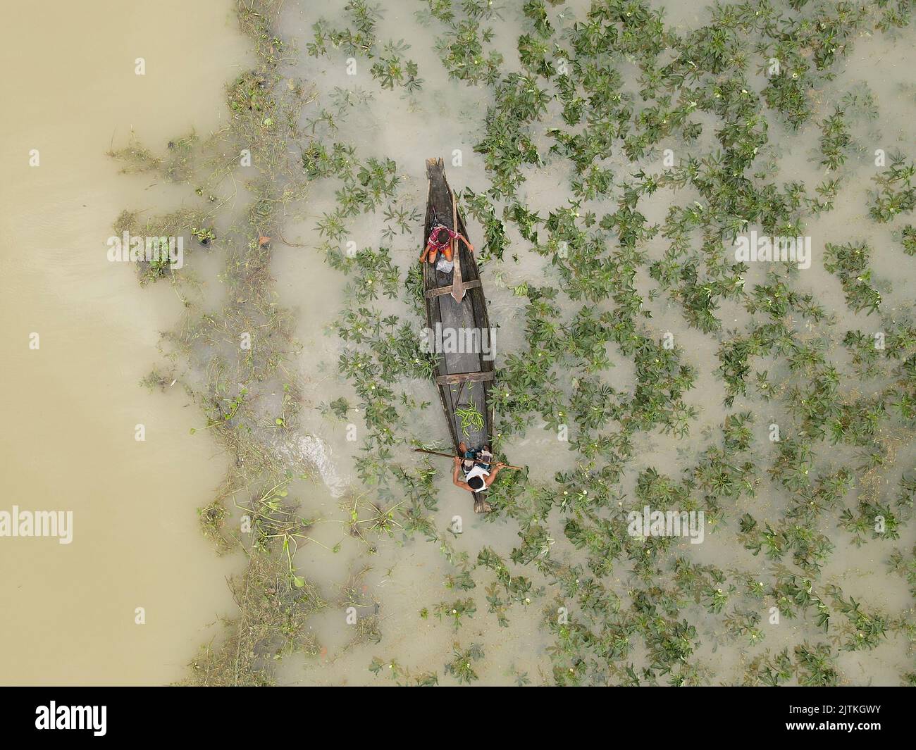 Un'area sommersa danneggiata si vede dopo le alluvioni improvvise a Sunamganj, Bangladesh. La popolazione del Bangladesh nordorientale sta vivendo la peggiore inondazione di memoria. Il 94% del distretto di Sunamganj è sommerso da acque alluvionali. Bangladesh. Foto Stock