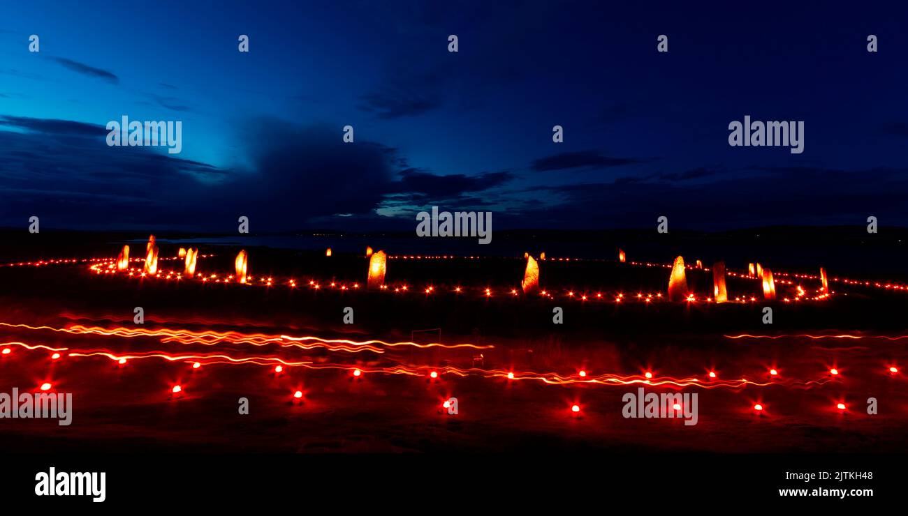 Pittura leggera anello di Brodgar antico cerchio di pietra, Isole Orcadi Foto Stock
