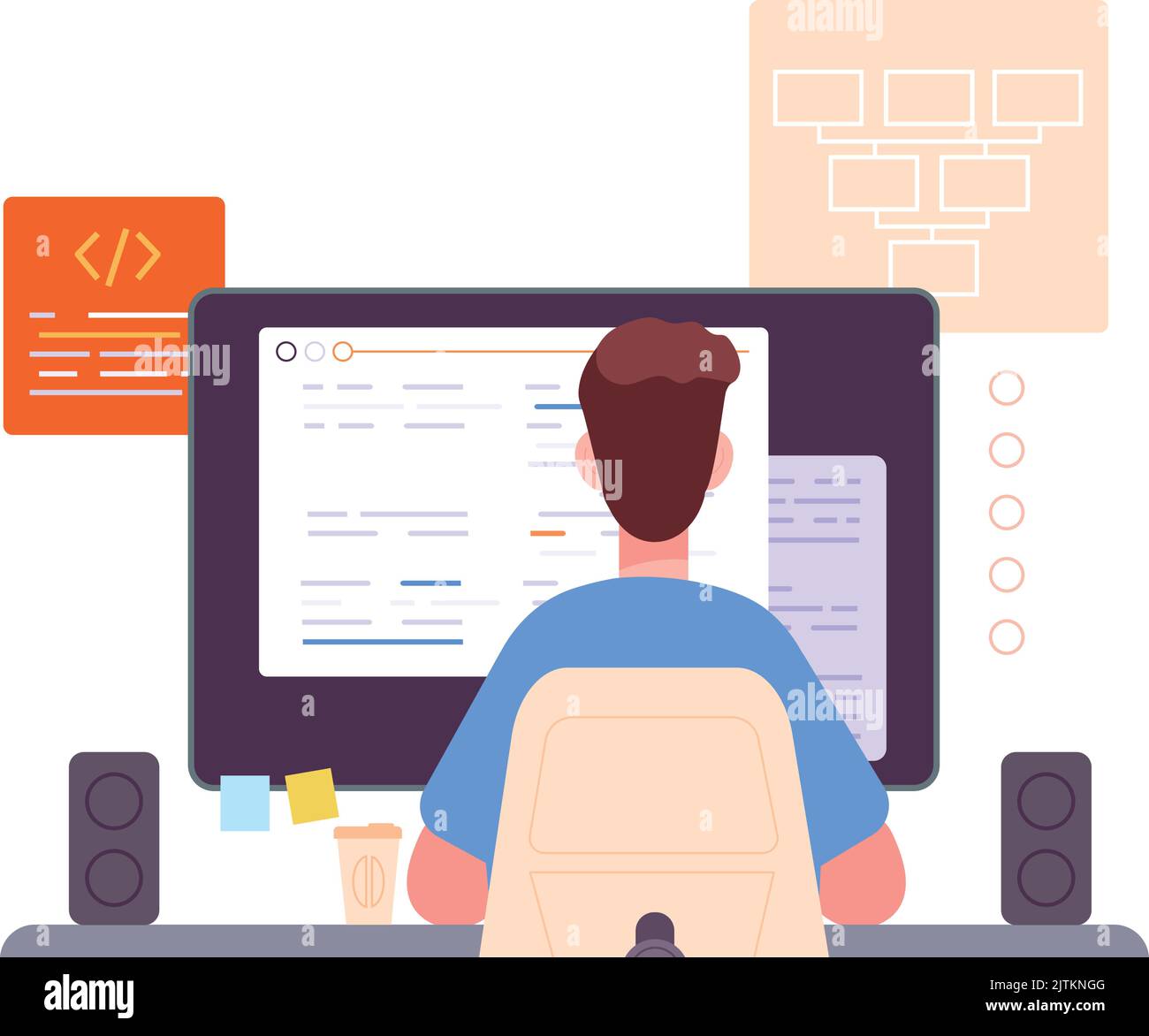 Uomo che lavora con script. Sviluppo software. Vista posteriore del programmatore isolata su sfondo bianco Illustrazione Vettoriale