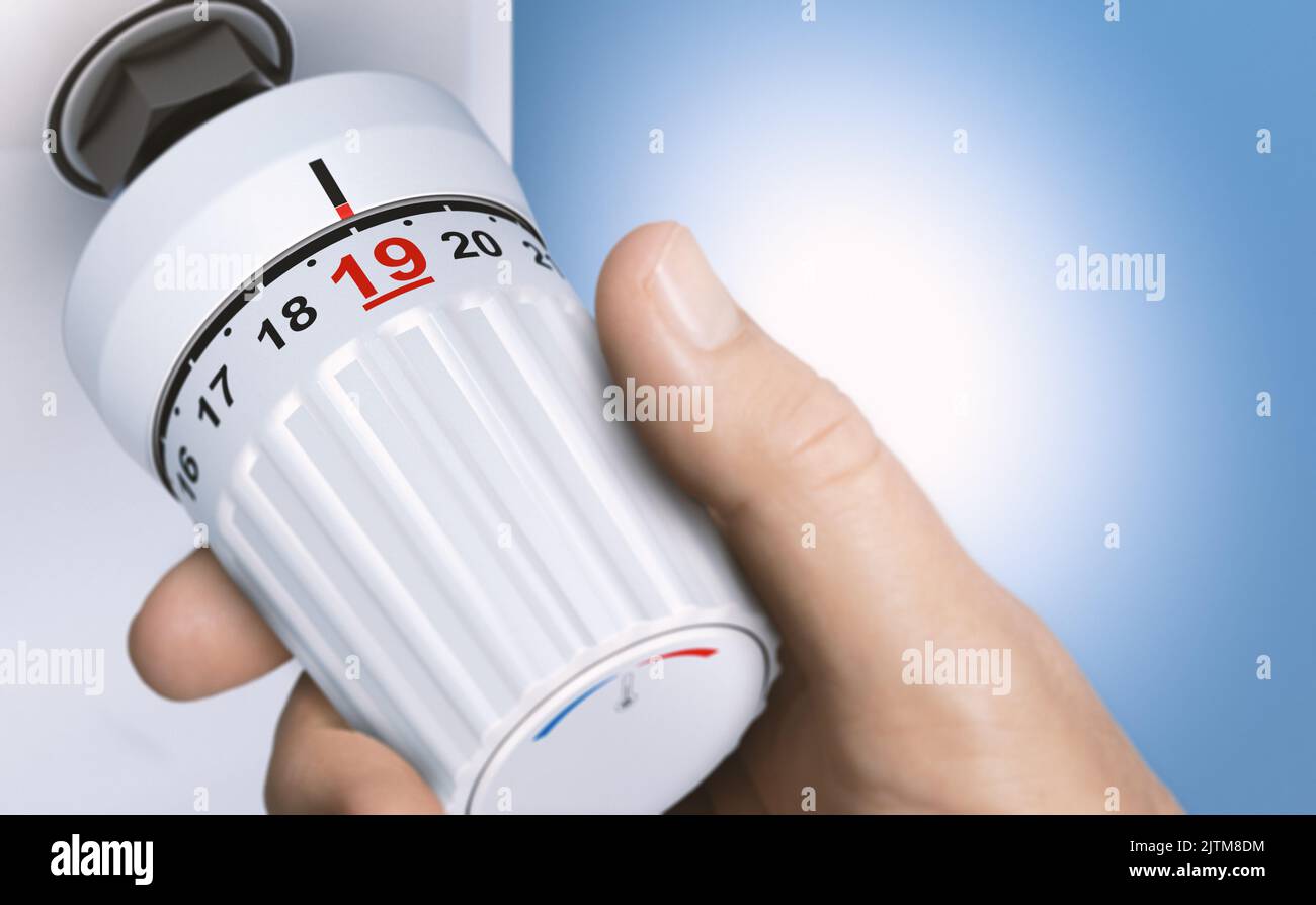 Man riduce il consumo energetico impostando la temperatura del termostato a 19 gradi. Primo piano su una manopola. Immagine composita tra un'illustrazione 3D e una h Foto Stock