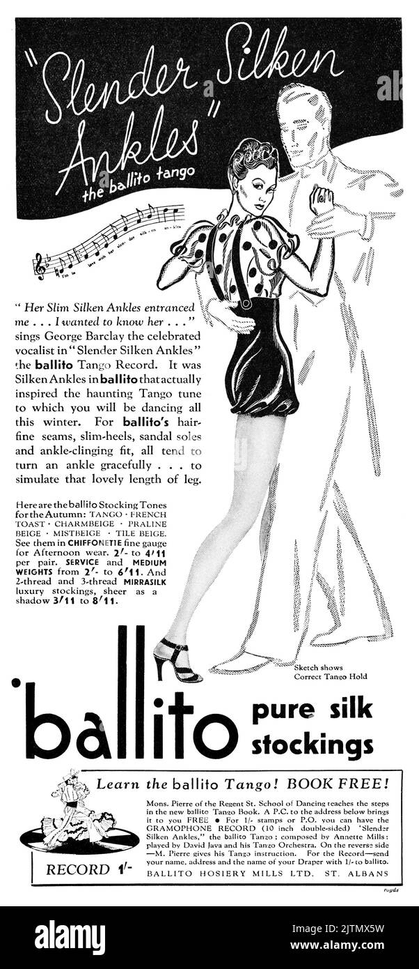 1939, pubblicità di moda britannica per calze di seta Ballito. Foto Stock