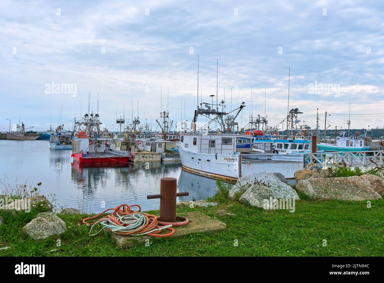 Numerose barche sono ormeggiate al molo della città di pescatori di Meteghan Nova Scotia. Foto Stock