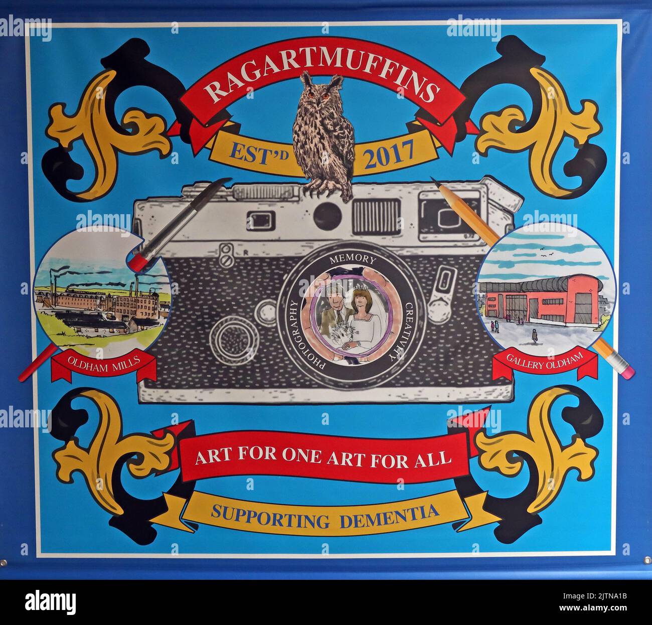 Banner per speranza e cambiamento - Ragartmuffin - Arte per uno, Arte per tutti, sostegno alla demenza - Estd 2017 - Fotografia, memoria, creatività Foto Stock