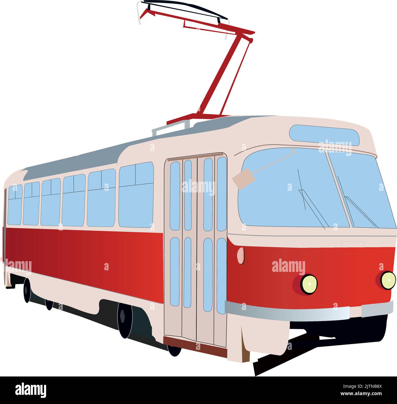 Tram d'epoca isolato su sfondo bianco. Servizio di trasporto persone. Tram cittadino Illustrazione Vettoriale