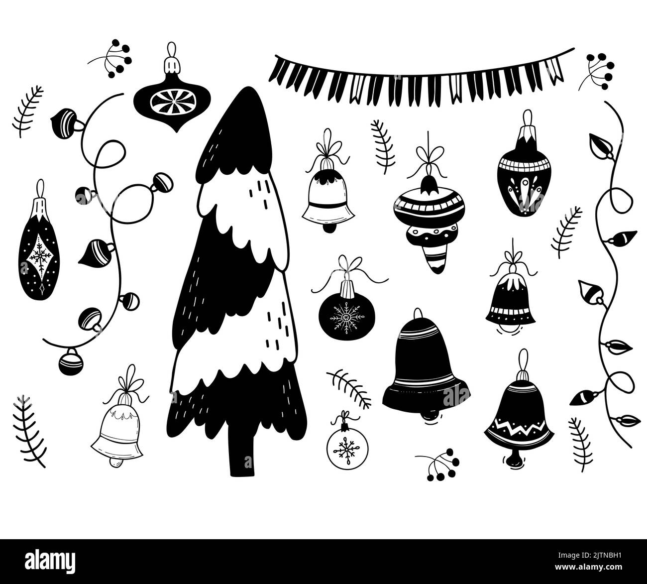 Palle di Natale, giocattoli decorativi e campane, albero di Natale, ghirlanda e bandiere decorazione. Illustrazione vettoriale. Tagliatelle isolate disegnate a mano per New Yea Illustrazione Vettoriale