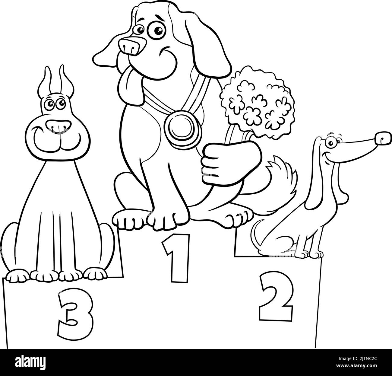 Cartoni animati in bianco e nero illustrazione di tre cani personaggi animali sul podio alla pagina Dog show coloring Illustrazione Vettoriale