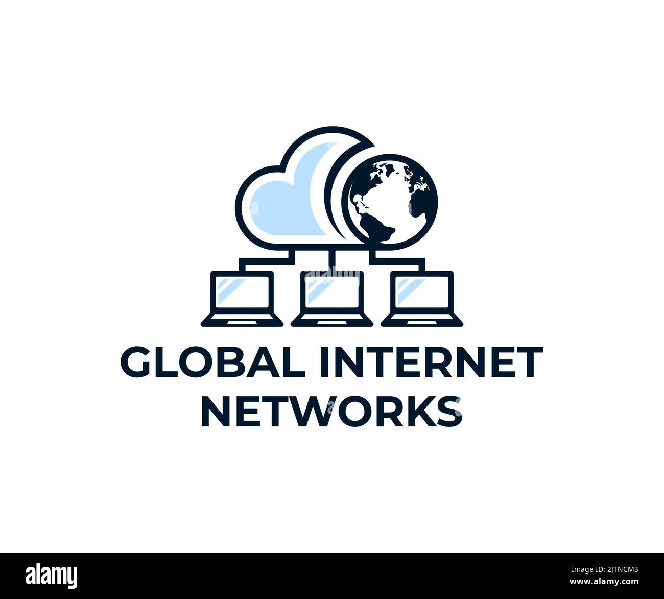 Reti Internet globali, computer, server cloud e pianeta terra, logo design. Connessione di rete, tecnologia di comunicazione, telecomunicazioni Illustrazione Vettoriale