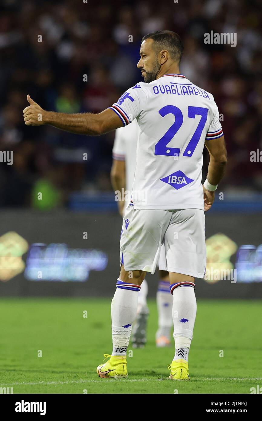 Foto Alessandro Garofalo/LaPresse 28 agosto 2022 Salerno, Italia sport calcio Salernitana vs Sampdoria - campione di calcio Serie A Tim 2022/2023 - Stadio Arechi. Nella foto: Fabio Quagliarella (UC Sampdoria) 28 agosto 2022 Salerno, Italia sport soccer Salernitana vs Sammoria - Campionato Italiano di Calcio League A 2022/2023 - Stadio Arechi. Nella foto: Fabio Quagliarella (UC Sampdoria) Foto Stock