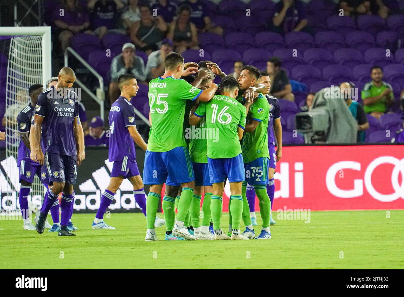 Orlando, Florida, USA, 31 agosto 2022, i Seattle Sounders celebrano il gol nel primo tempo all'Exploria Stadium. (Foto di credito: Marty Jean-Louis) Foto Stock