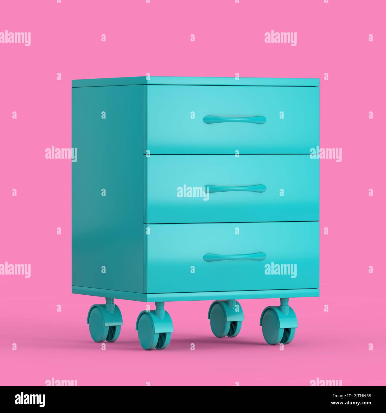 Blue Modern Room Bedside Table con ruote in stile Duotone su sfondo rosa. rendering 3D Foto Stock