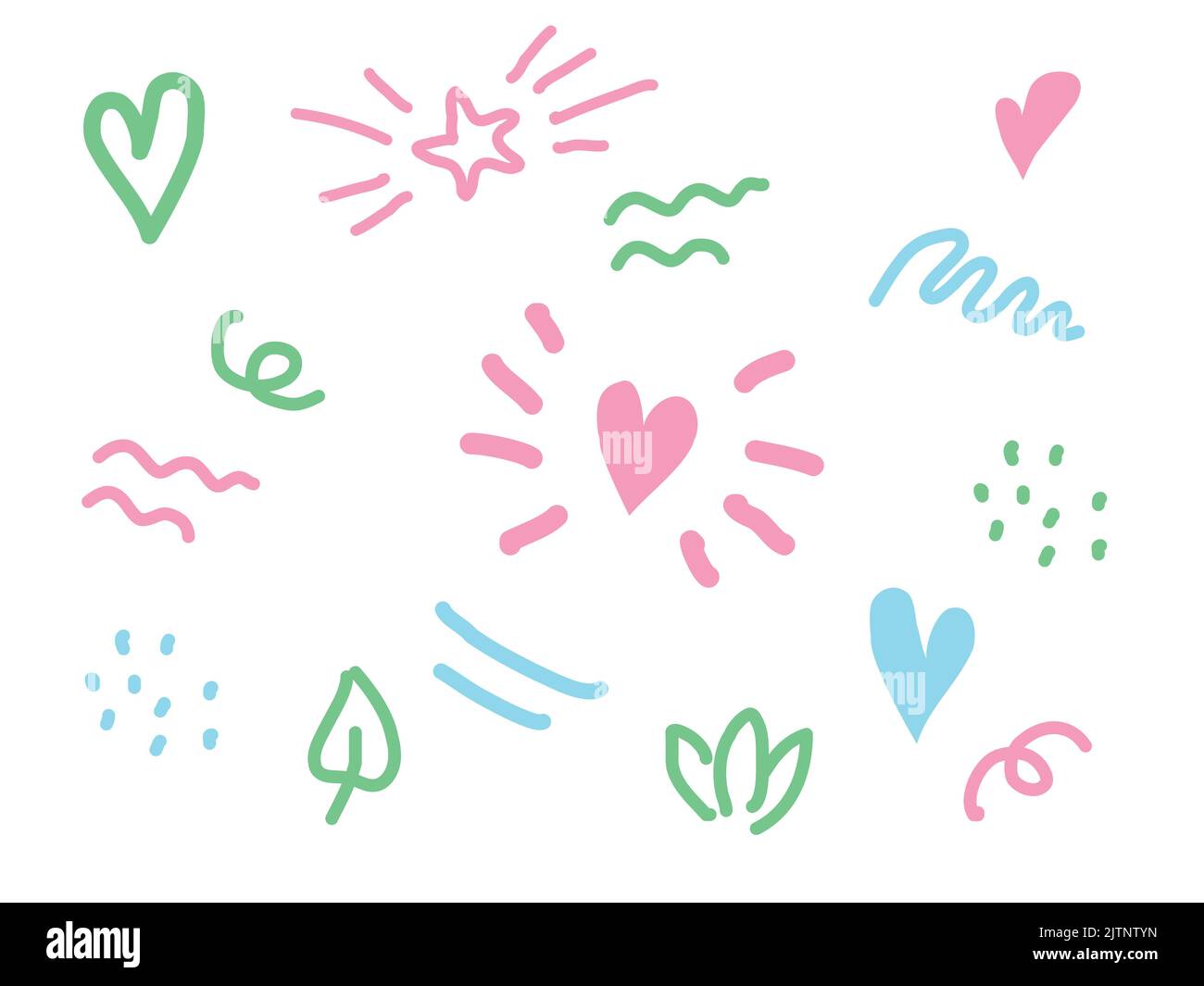 Bel modello di doodle. Set di sovrapposizione elementi onda, punto, stella, cuore per bambini. Elementi dell'album di foto del bambino. Illustrazione vettoriale su sfondo isolato. Illustrazione Vettoriale