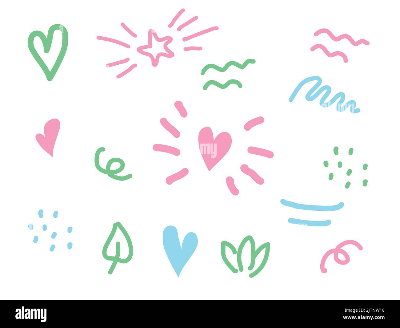 Bel modello di doodle. Set di sovrapposizione elementi onda, punto, stella, cuore per bambini. Elementi dell'album di foto del bambino. Illustrazione vettoriale su sfondo isolato. Illustrazione Vettoriale