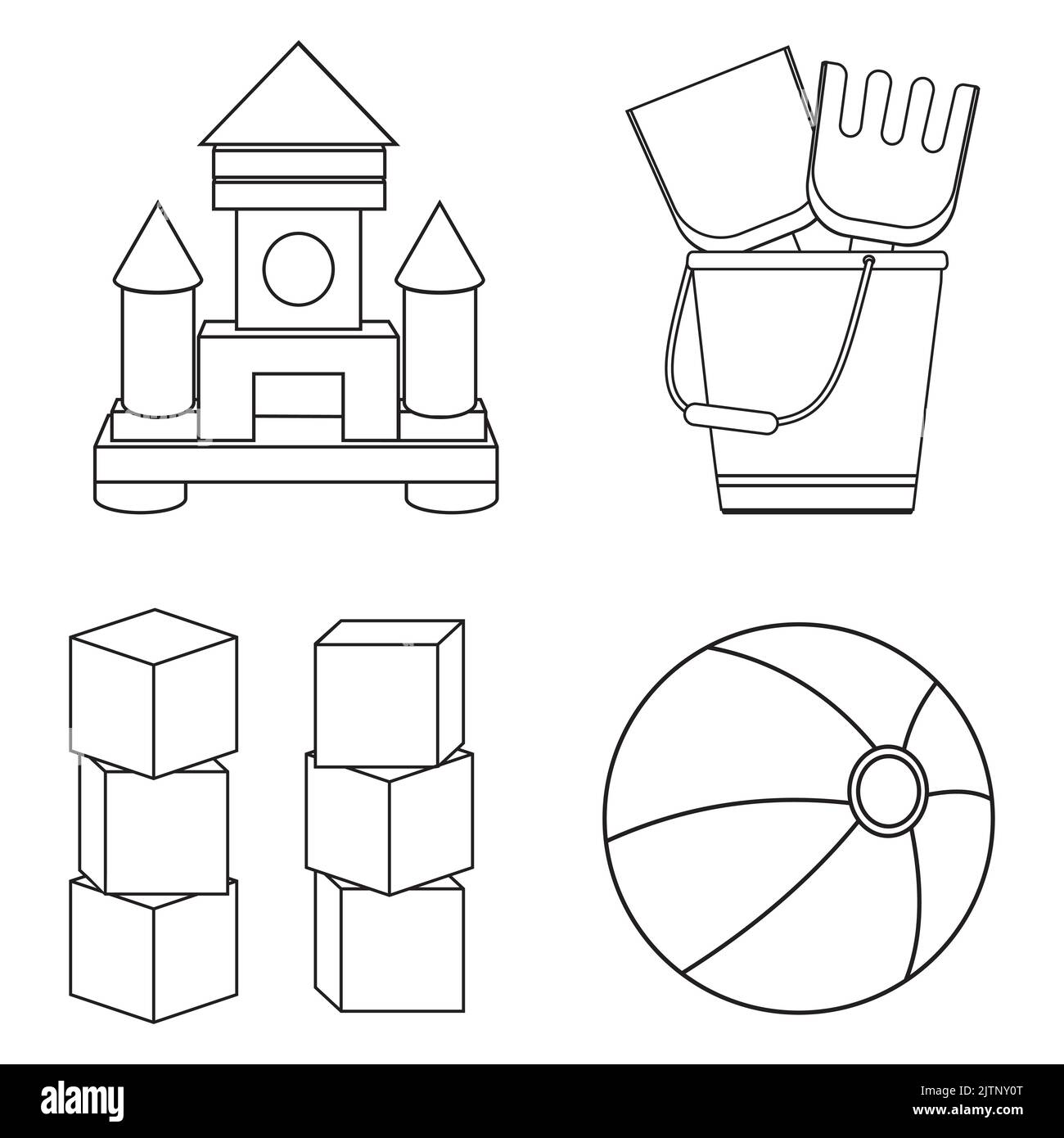 Set di giocattoli per bambini, contorno nero, libro da colorare, illustrazione a isolamento vettoriale. Illustrazione Vettoriale