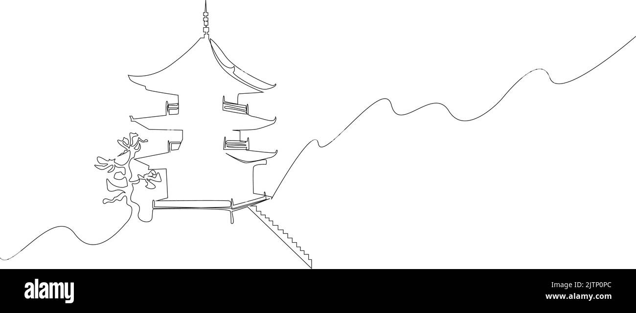 un edificio sulla collina in stile asiatico natura e scale alberi e paesaggio Illustrazione Vettoriale