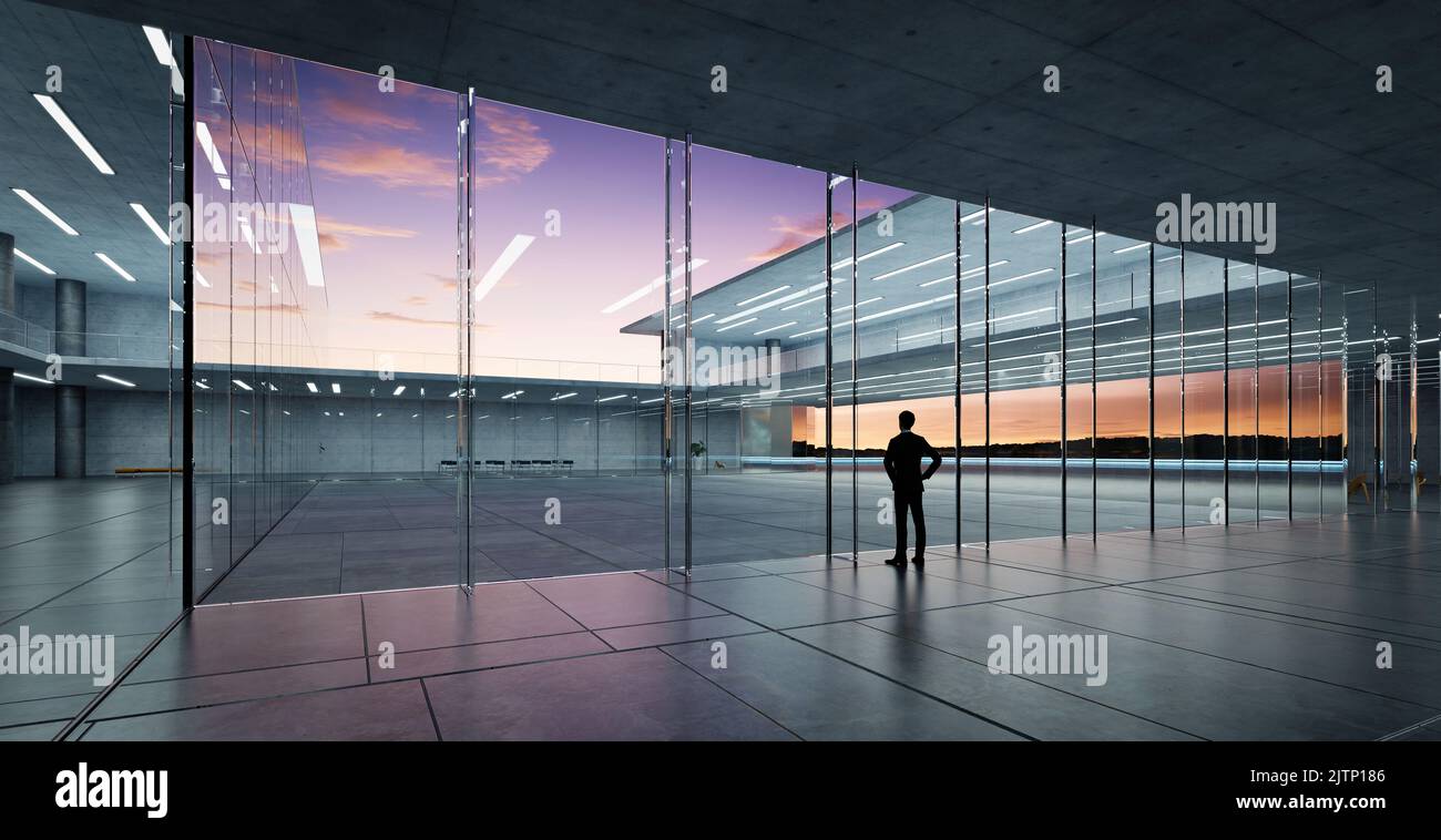 Vista posteriore del riuscito uomo d'affari che guarda il cielo dal suo ufficio, scena di mattina presto. Rendering 3D realistico Foto Stock