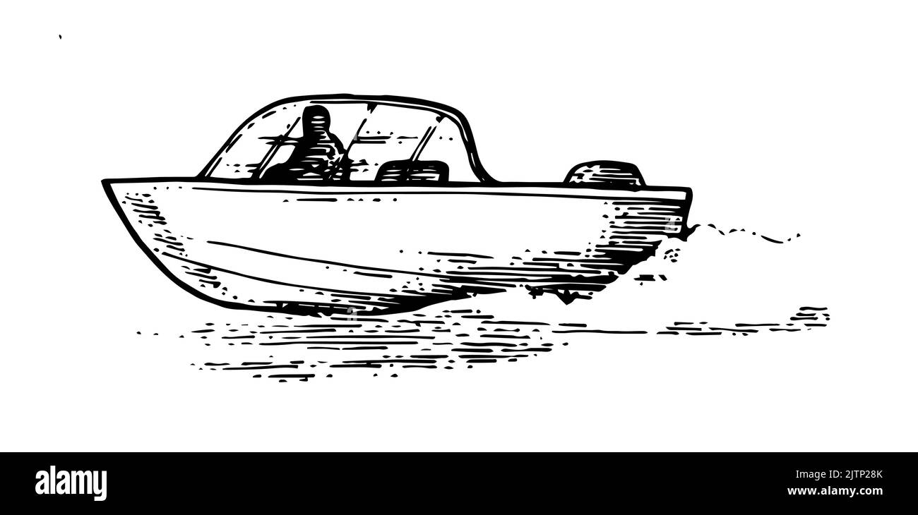 Gite in barca sulle onde. Vista laterale. La piccola nave naviga in mare, lago o fiume. Imbarcazione composita in plastica con motore. Schizzo del contorno disegnato a mano. Isolato su whit Illustrazione Vettoriale