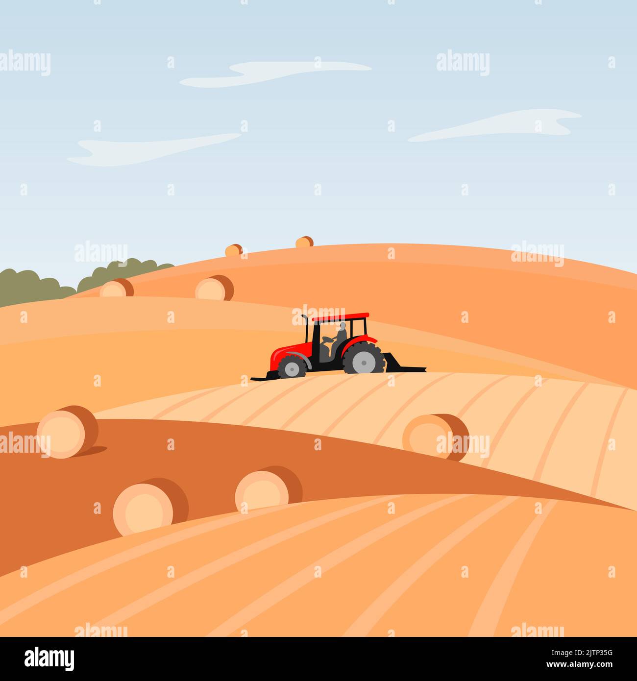 Settore agricolo, campo agricolo con trattore. Paesaggio rurale con spazio di copia per il testo. Illustrazione vettoriale. Illustrazione Vettoriale