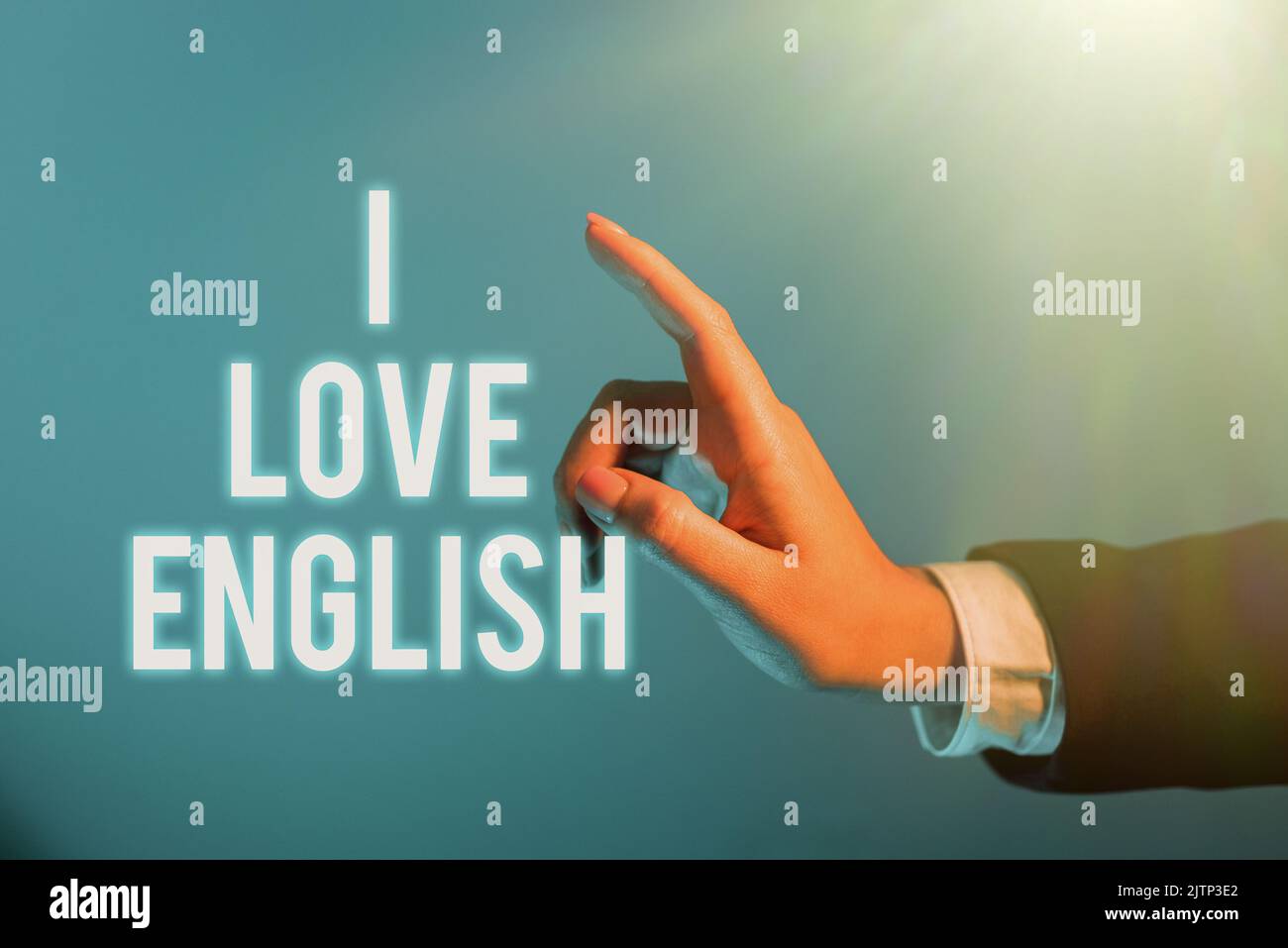 Segno di testo che mostra i Love English, concetto che significa avere affetto per la lingua internazionale grammatica uomo d'affari in tuta tenendo il blocco note simbolizzare Foto Stock