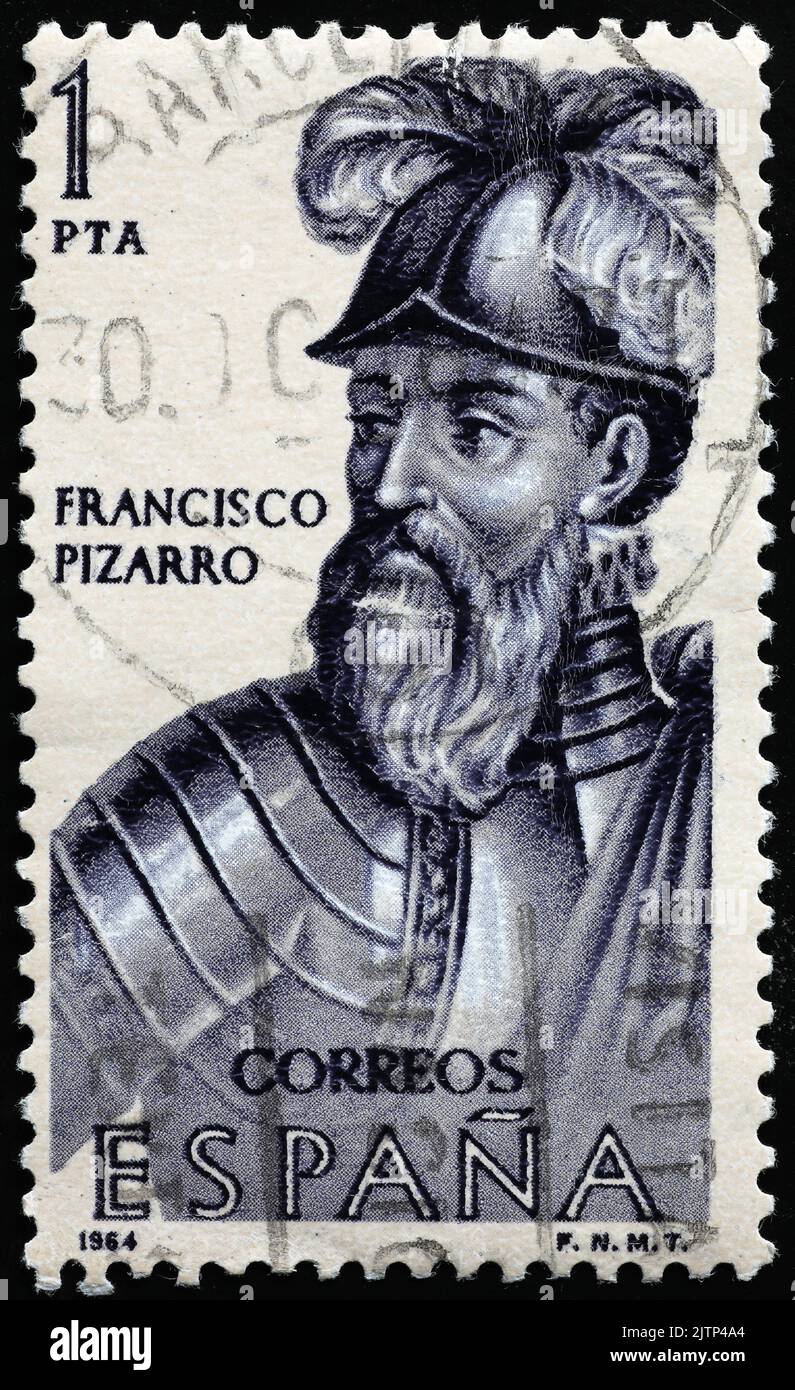 Francisco Pizarro ritratto su francobollo spagnolo Foto Stock