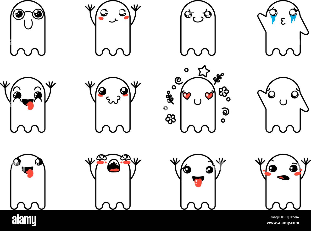 Set di vari Cartoon Ghosts con Emoticon. Doodle ghouls, occhi e bocca. Caricatura comica emozioni espressive, sorridente, piangente e sorpreso chara Illustrazione Vettoriale