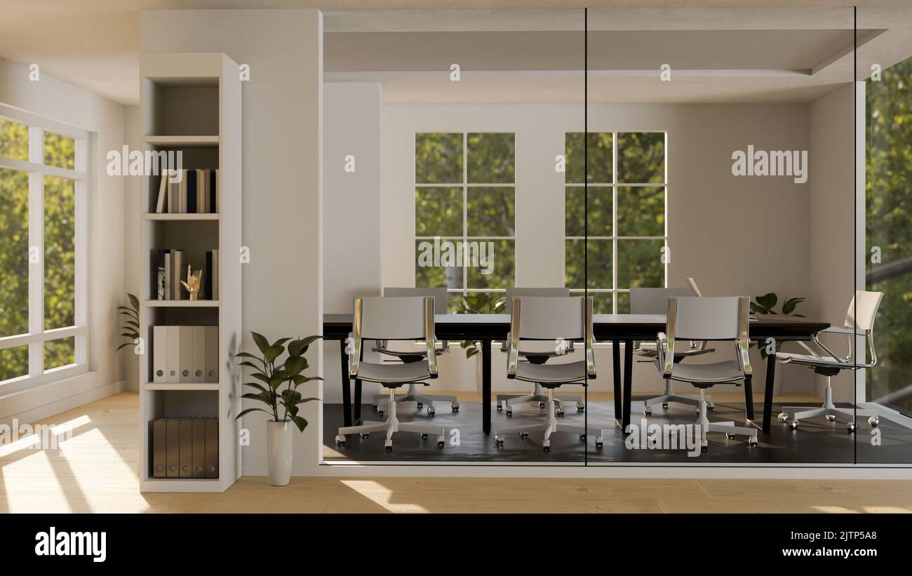 Moderno edificio bianco dal design minimalista con moderna sala conferenze attraverso la parete di vetro. Sala conferenze, sala riunioni o meetin Foto Stock