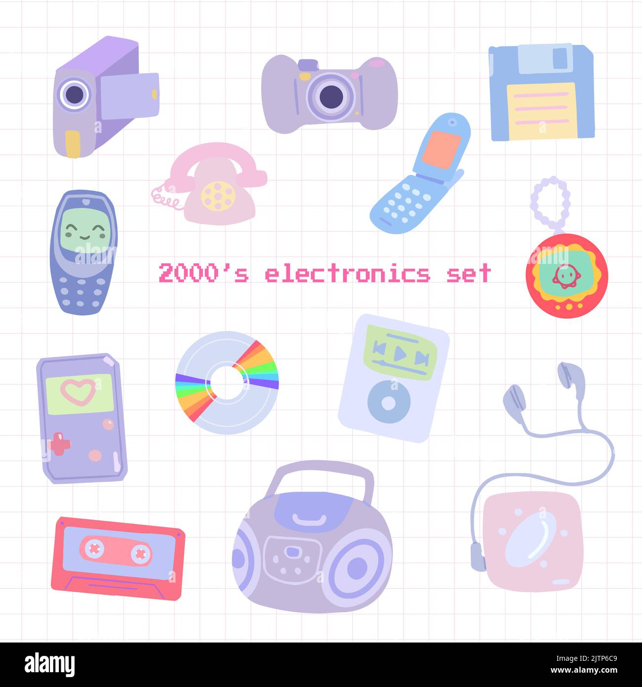 Set di 2000s dispositivi elettronici disegnati a mano Illustrazione Vettoriale