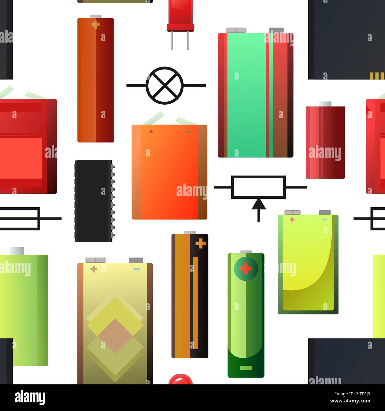 Fonte di energia della batteria con simboli del circuito. Accumulatore di elettricità. Ripetizione senza giunture. Cella galvanica. Dissociazione elettrolitica. Isolato su bianco bac Illustrazione Vettoriale