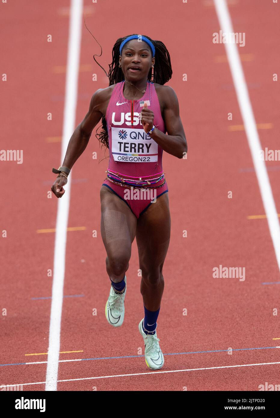 Twanisha Terry degli Stati Uniti che gareggia nelle 100m manche femminili ai Campionati mondiali di atletica, Hayward Field, Eugene, Oregon USA, il 16th luglio Foto Stock