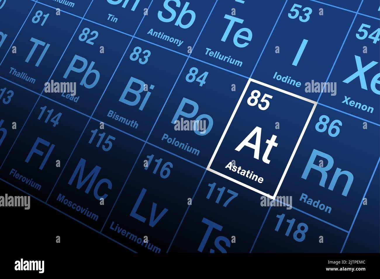 Astatina su tavola periodica. Elemento chimico estremamente radioattivo con simbolo AT, chiamato dopo gli astatos greci, che significa instabile, con numero atomico 85. Foto Stock