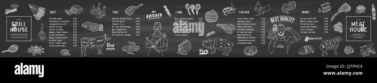 Ristorante Food Menu Design. Menu ristorante Meat house modello di prezzo per piatti a base di carne. Menu di salsicce di carne alla griglia, manzo, maiale, pollo. Ske vettoriale Illustrazione Vettoriale