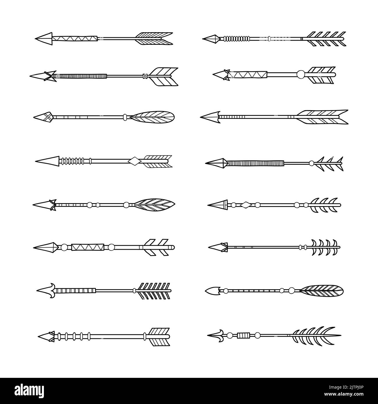 Diverse frecce indiane boho disegnate a mano isolate su sfondo bianco. Può essere utilizzato per gli inviti di nozze, stampe, libri da colorare per gli adulti. Illustrazione Vettoriale