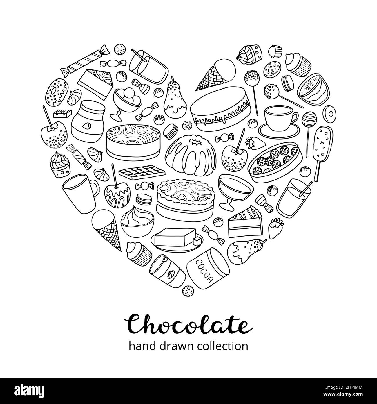 Contorno cioccolato e prodotti di cacao, dolci, dessert, torte, frutta composta a forma di cuore. Illustrazione Vettoriale