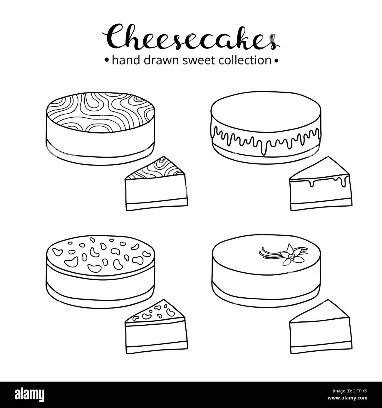 Cheesecake disegnate a mano con sapore diverso isolato su sfondo bianco. Illustrazione Vettoriale