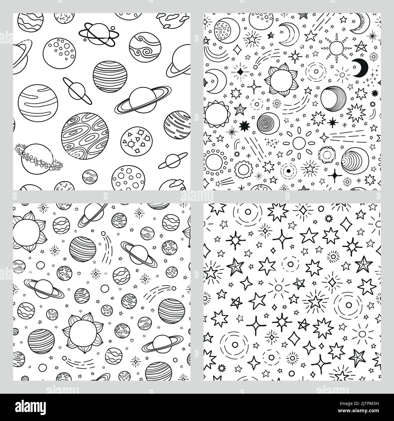Set di quattro motivi senza cuciture in bianco e nero con contorni disegnati a mano pianeti spaziali, sole, luna, stelle. Illustrazione Vettoriale